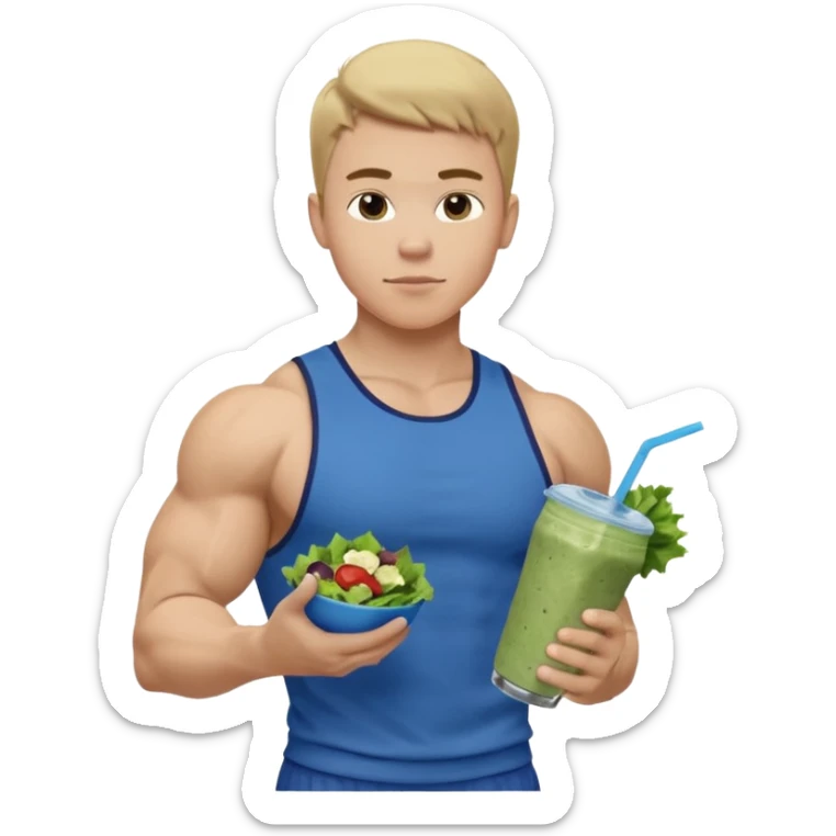 A young male person with a muscular, well-defined build. He has short dark blonde hair, a light skin tone, and a neutral facial expression. He wears blue cloth. He is holding a salad in one hand and a protein shake in the other. sticker
