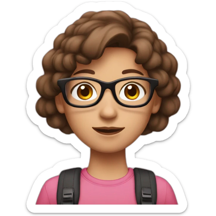 a girl with brown hair, wearing black-rimmed glasses, with a backpack, in a pink top sticker