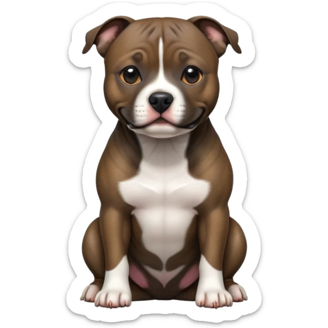 cinematic-[Staffordshire bull terrier]-realistic-full-body-sitting-emoji,-tail-resting-loosely-beside-its-paws,-head-tilted-dramatically, -sleek-[dark solid brindle]-fur,-simplified-yet-realistic-focused-features,-highly-detailed,-glowing-with-an-almost-sarcastic-glow sticker