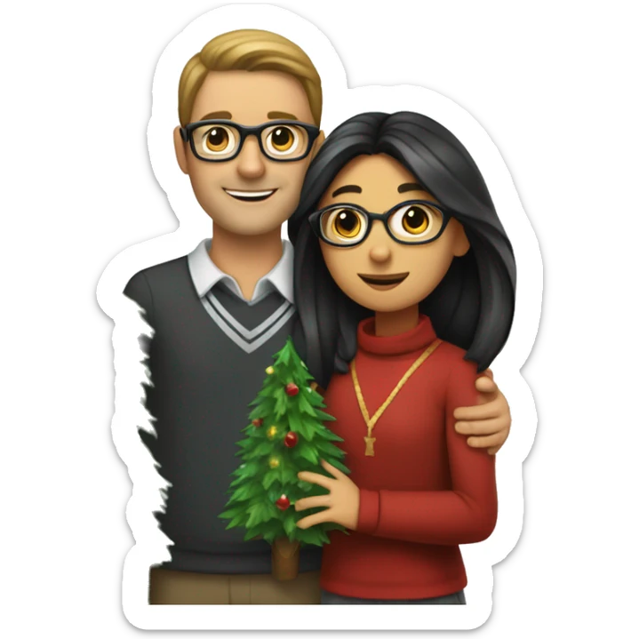 A girl with brown long hair hugs a man with black hair, ties and glasses. They are holding Christmas tree decorations sticker