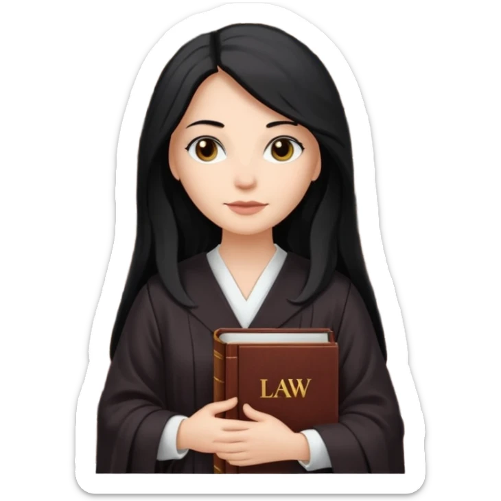 white-women-with-long-black -hair-lawyer-in-lawyer’s-robe. Have law book in hand with bookshelf full of law books in the background. sticker