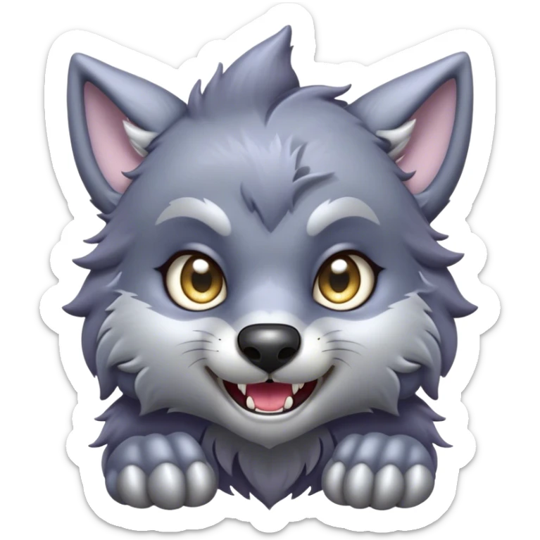 Cinematic Cute Werewolf Portrait Emoji, with a cuddly, miniature lupine form in soft moonlit grays and silvers, featuring oversized sparkling eyes and a sweet, endearing snarl, simplified yet irresistibly adorable, highly detailed with a gentle glowing outline that captures the playful, heartwarming essence of a little werewolf! sticker
