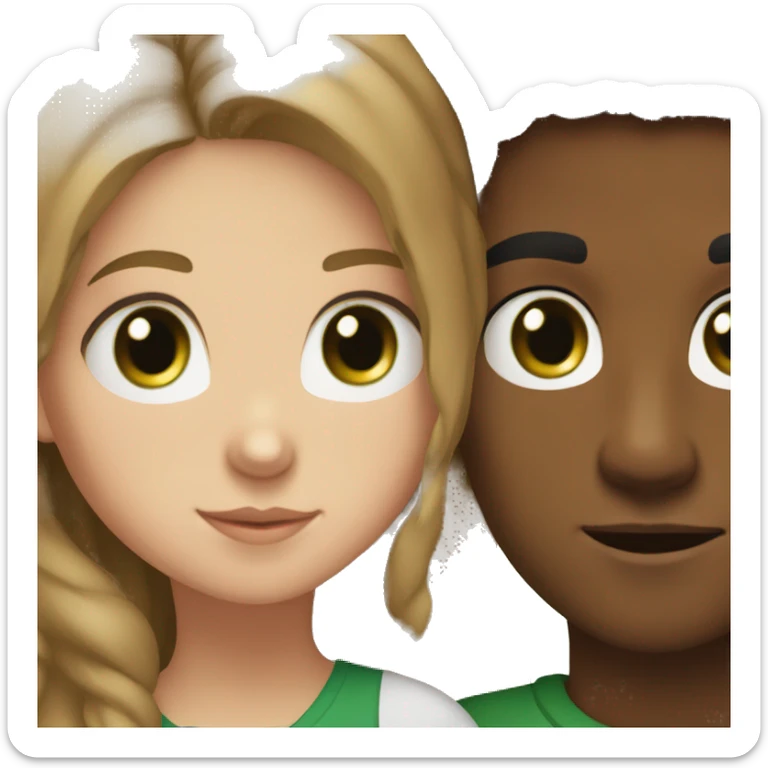 a brown boy with dark hair with a white girl with light brown hair and green eyes sticker