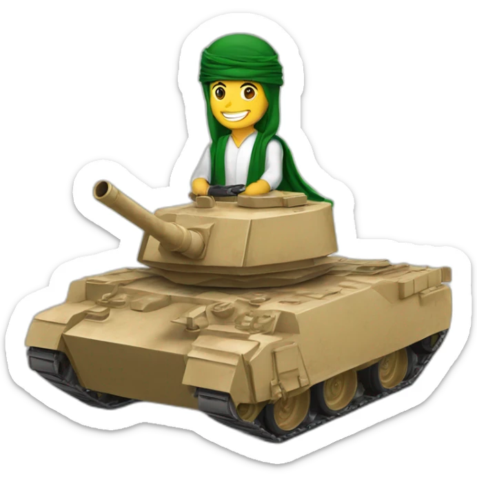 the prince from Saudi Arabia in the shemagh national headdress riding on a tank, smiling sticker