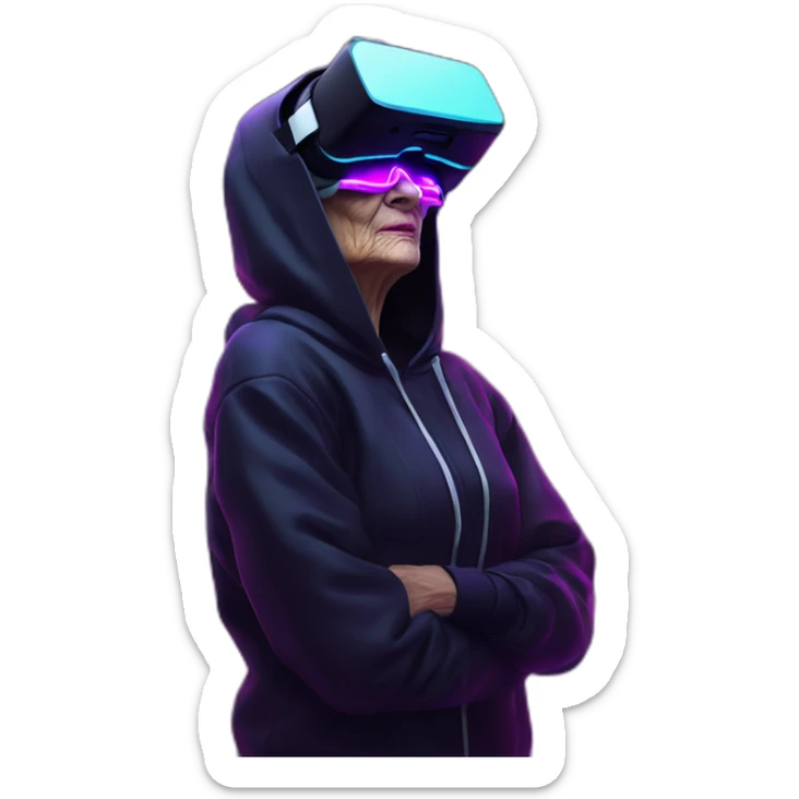 Russian old woman wearing a black hoodie with "OMG" letters on it and VR headset in a cyberpunk VR environment with violet neon lighting. sticker
