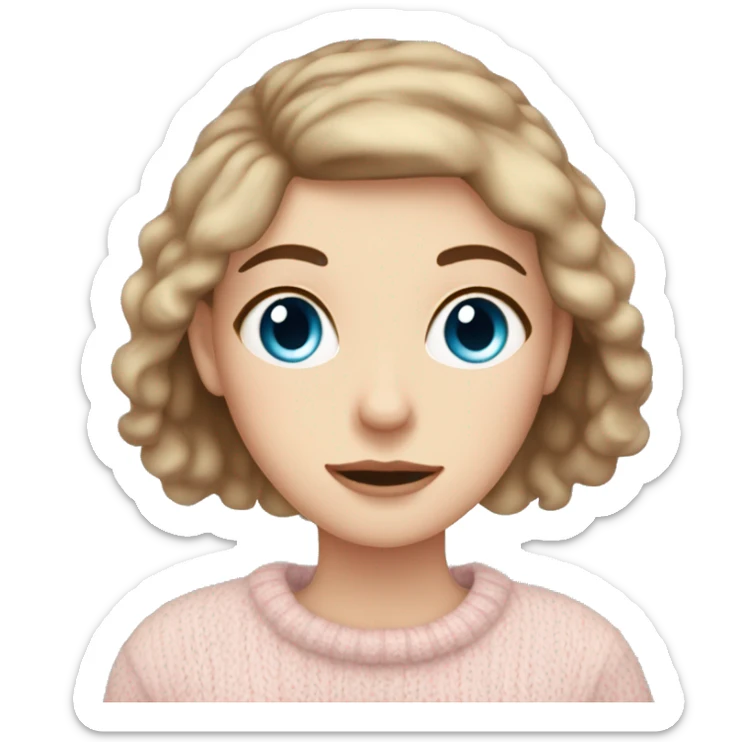 Pretty blue eyed white girl with brown hair with light pink sweater reading cozy sticker