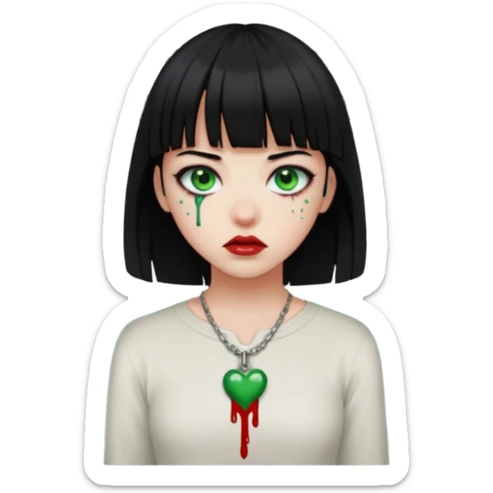 Guria com cabelo preto franjinha sangrando olhos verdes  fundo preto e um piercing bridgepiercing sticker