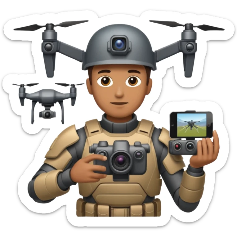 Un photographe homme high tech, une armure de terrain à la super héro. Il a des appareils photos, des caméras embarquées et un drone derrière lui en hauteur. sticker