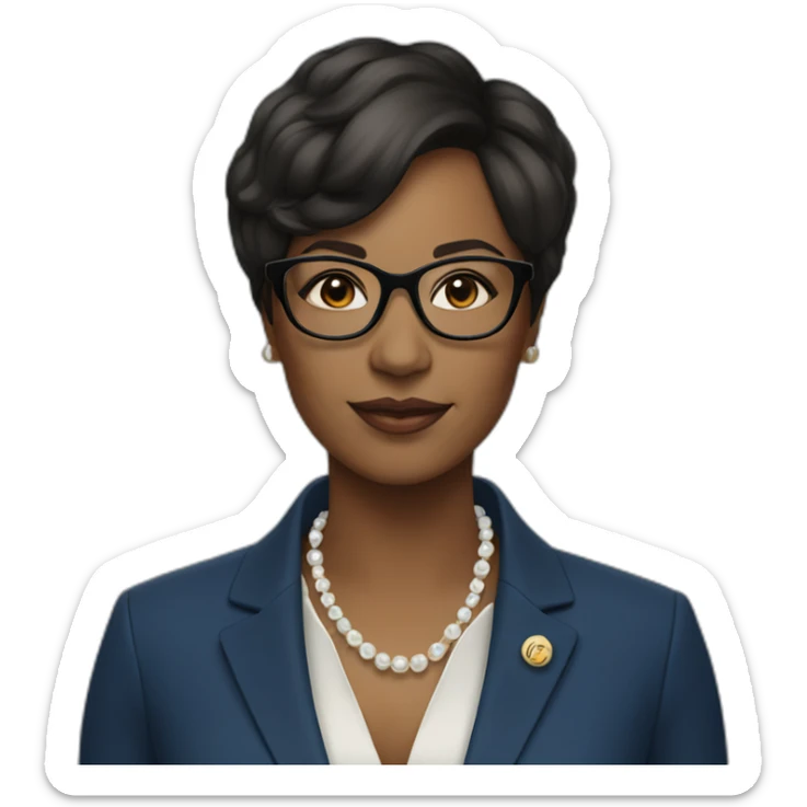 black woman ceo, black glasses, short straight hair, blue blazer, pearl necklace sticker