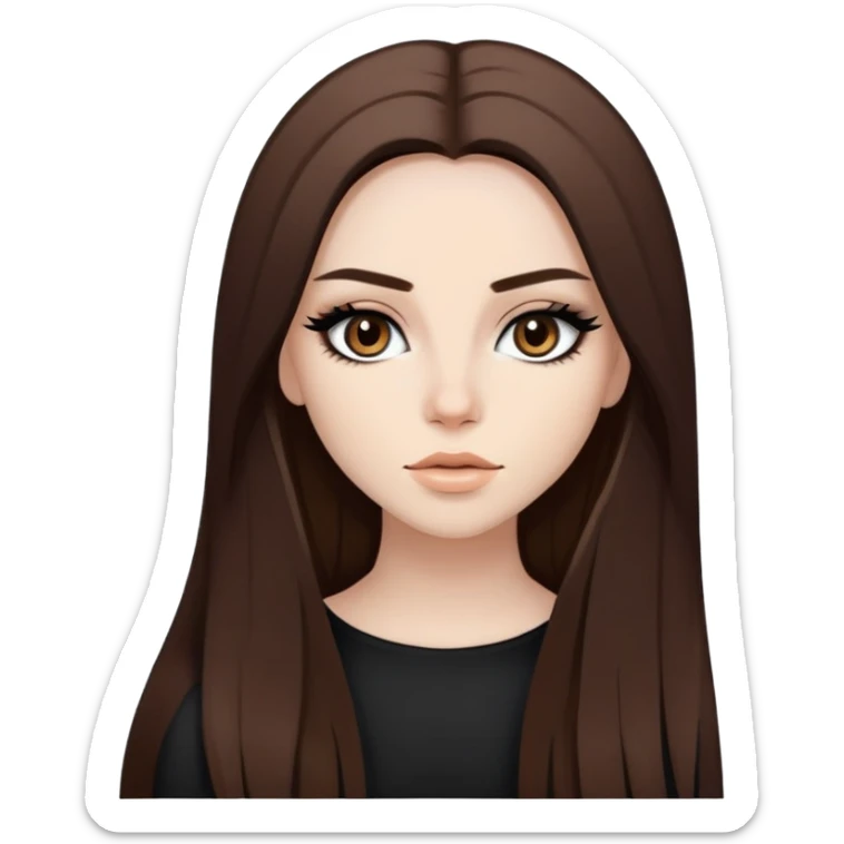 pretty baddie, brown straight hair, pale skin, long hair, dark brown eyes, bold black eyeliner sticker