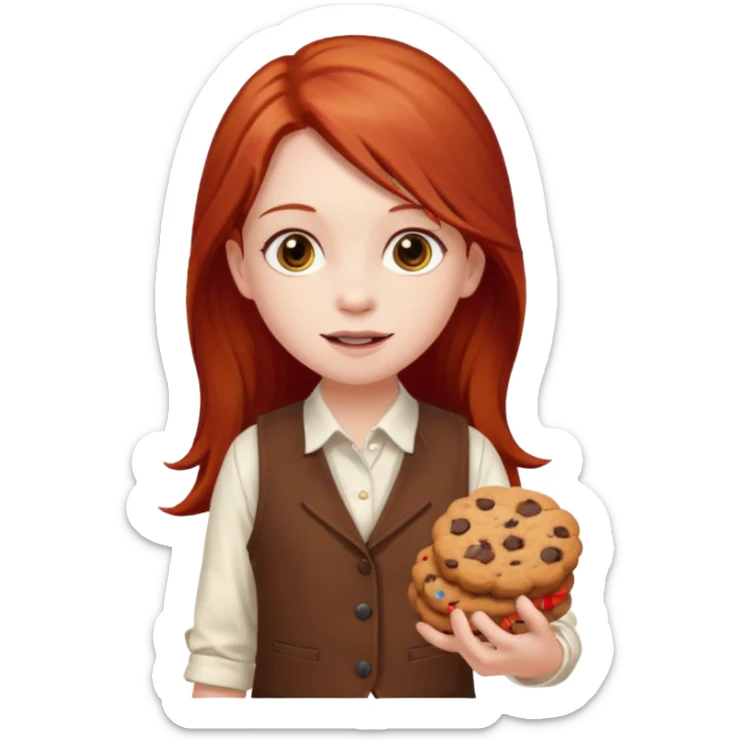 white girl scout with red long hair selling cookies with a brown vest and white shirt under vest. She should be around 10 years old sticker