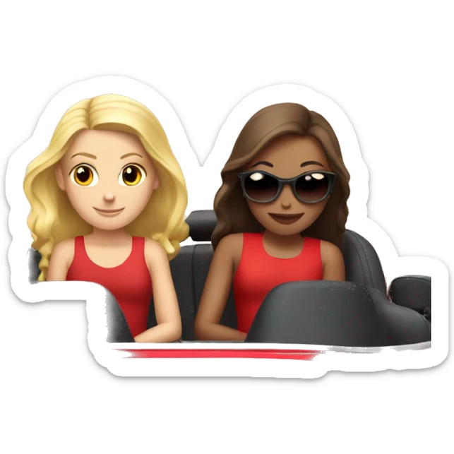 A blonde and a brunette girl sitting in a red Porsche  sticker