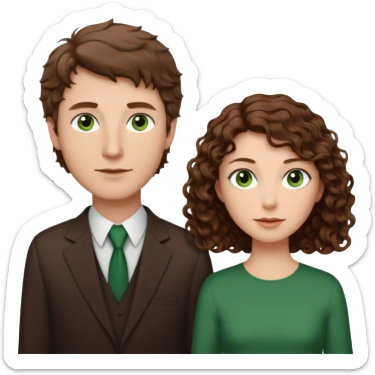 White Man in the middle with brown hair and green eyes, women next to him with short brown hair with slight waves, taller women on right side with shoulder length curly hair and brown eyes sticker