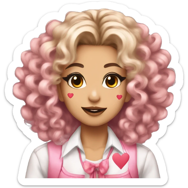 kogal with big curly hair and gyaru makeup and hearts on her cheeks sticker