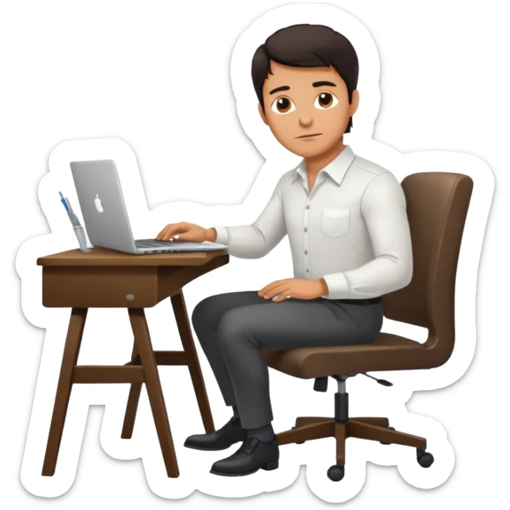 Rich man working on a chair at office in shirt, dark hair, and near the desk with laptop he is german very beautiful looks like, full body view sticker