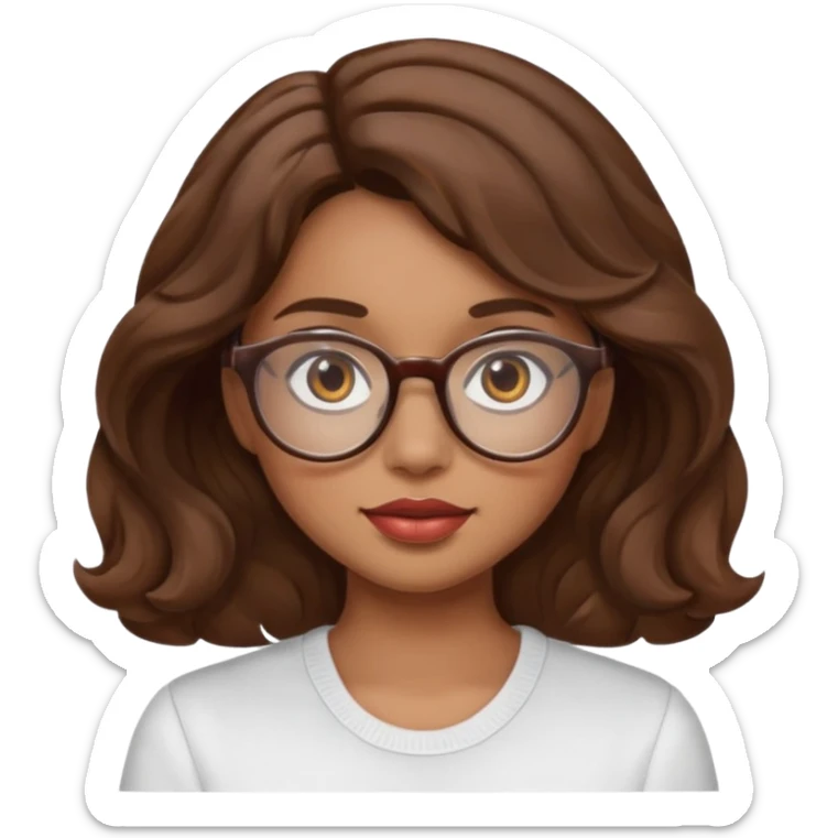 emoji de mujer linda de tez morena clara, rostro redondo u ovalado, ojos marrones, cabello ondulado marrón, labios medianos y gafas sticker