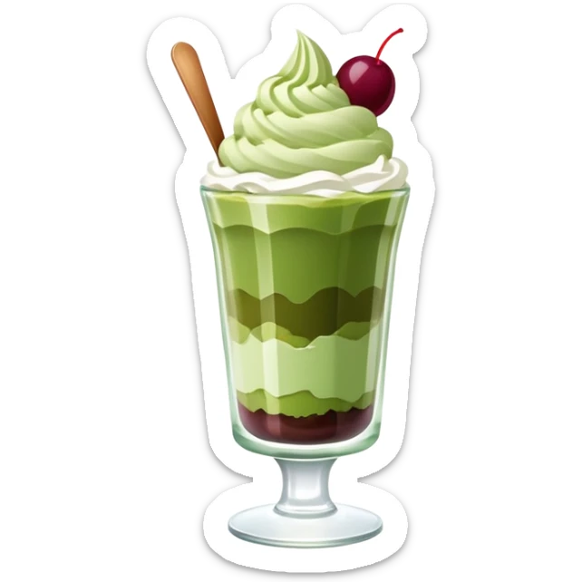 Japanese matcha parfait in a glass, with layers of green tea ice cream, and whipped cream sticker