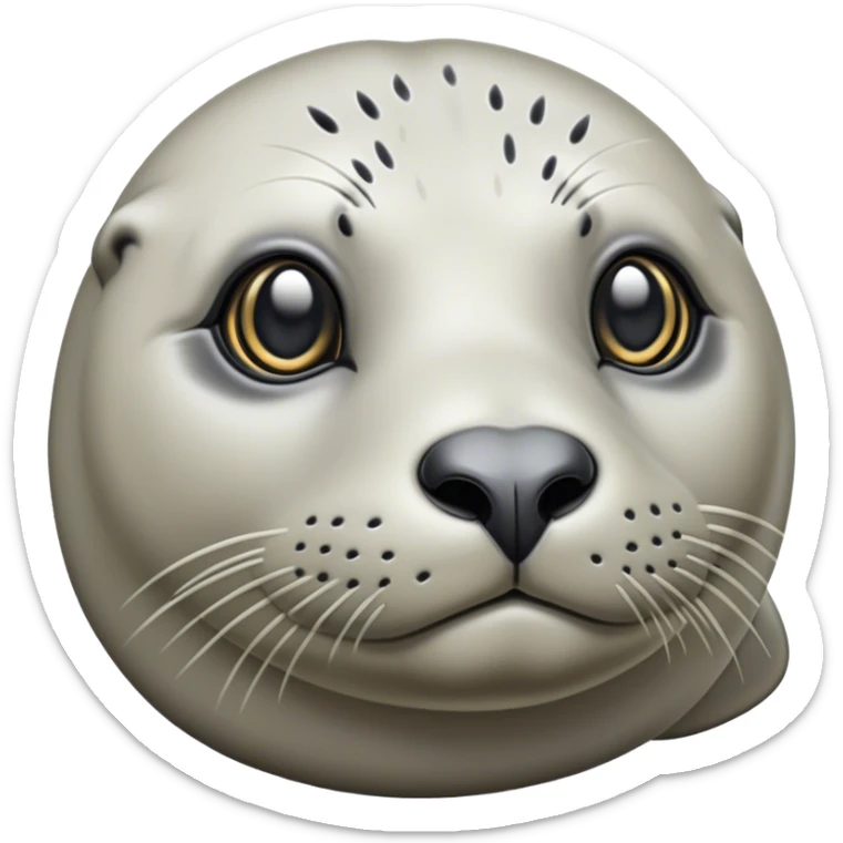 Cinematic Noble harbour seal Portrait Emoji, Poised and streamlined, with a sleek, smooth body of glossy, muted hues and expressive, dark eyes complemented by a rounded, agile head, Simplified yet sharp and sophisticated features, highly detailed, glowing with a soft, maritime luminescence, high shine, intelligent and graceful, stylized with an air of coastal authority, focused and alert, soft glowing outline, capturing the essence of a watchful marine guardian that appears ready to glide out of the screen with effortless authority! sticker