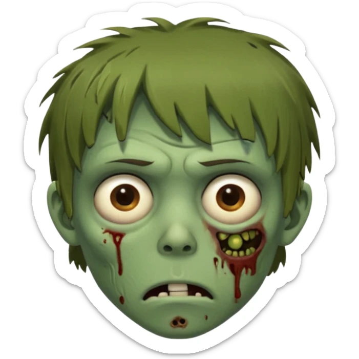 zombie slim youthful face, messy brown fringe, muted green skin tone, tired heavy-lidded eyes with visible under-eye darkness, a neutral slightly bored expression, and an overall low-energy, sleep-deprived, mentally fried vibe, sticker