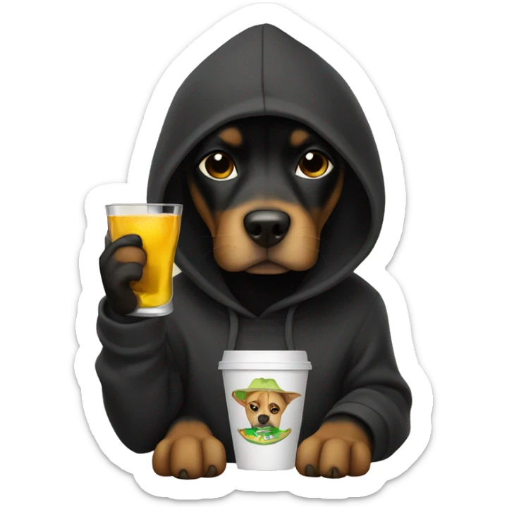 Dog wearing a black hoodie holding a cup and a tequila bottle sticker