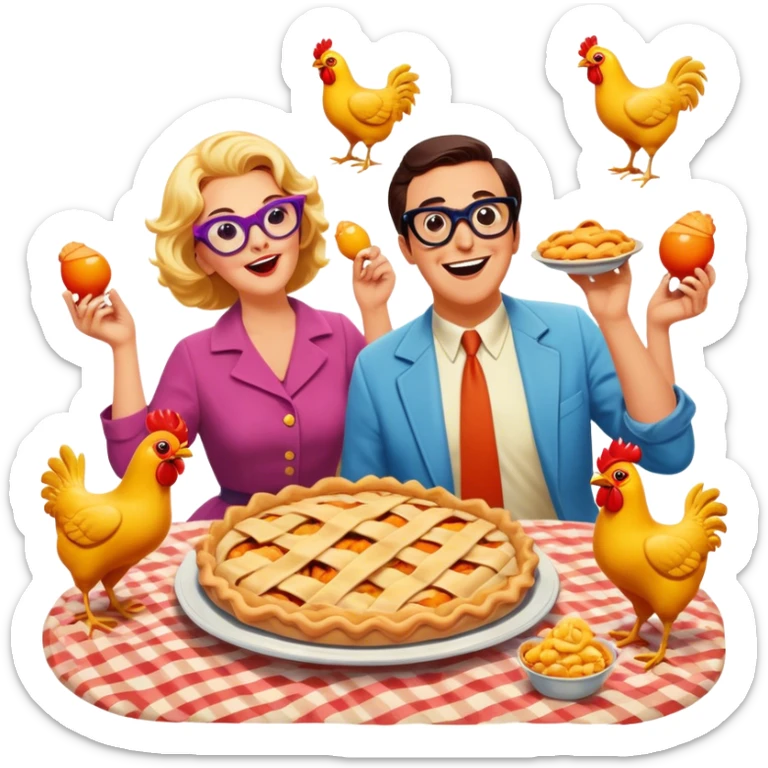 A vintage movie poster-style design featuring a playful, humorous scene with exaggerated characters. Include bright colors, clumsy actions, and classic comedy props like pies, rubber chickens, and oversized glasses. Retro cinematic vibe with a cheerful atmosphere. Transparent background. sticker