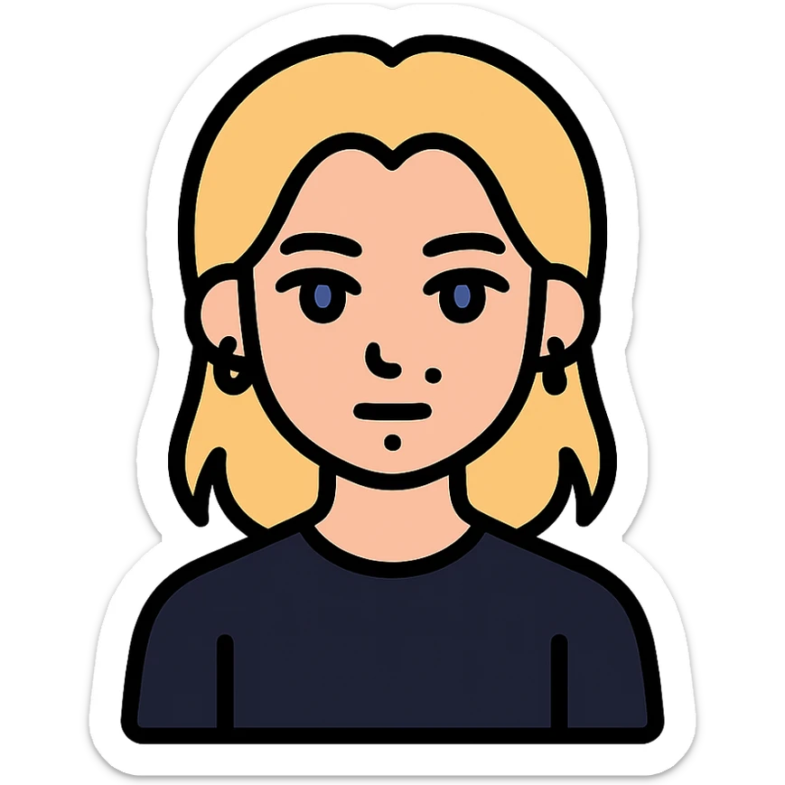 boy with long light blonde hair, dark blue eyes, facial piercings, all black clothing sticker