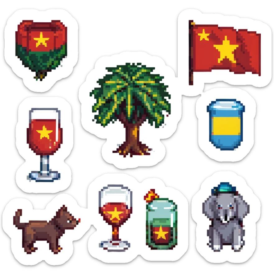 cat, dog, wolf, Vietnam flag, tree, elephant, and a glass all together in pixel art style sticker