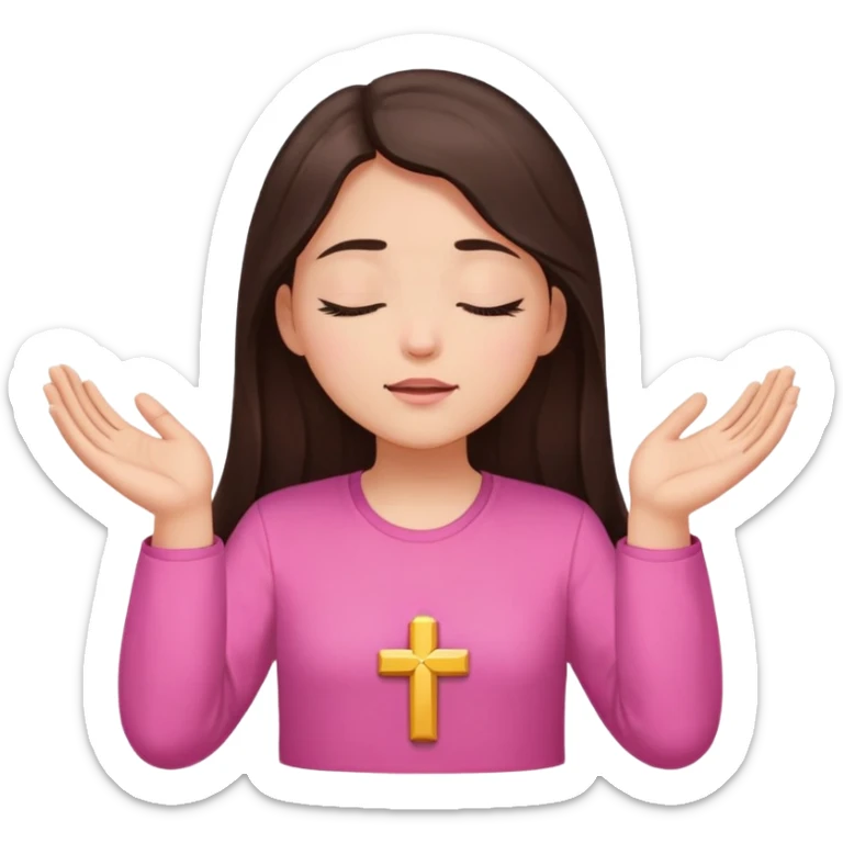 Girl long dark brown hair light medium skin worship God hands lifted eyes closed  pink shirt sticker