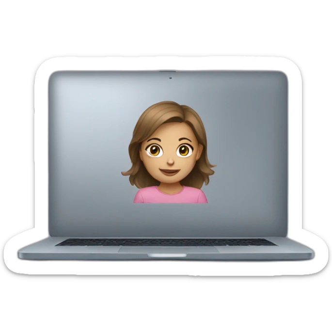 a girl with light skin and brown hair is sitting at a laptop sticker