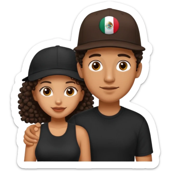A picture of a cute tanned couple. the man is Mexican, with a bald hair cut wearing a SnapBack hat and a black shirt. the woman is mixed, she has curly longer dark brown hair, thicker and with big boobs  sticker