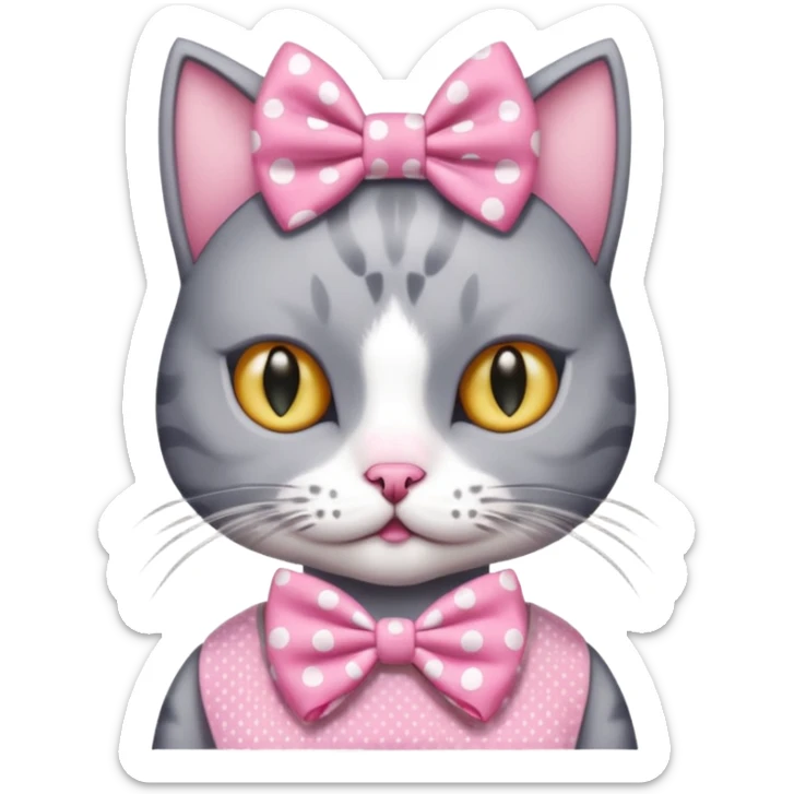 Evil Gray and white evil cat with a pink polka dot dress and with a pink polka dot bow on the Head  sticker