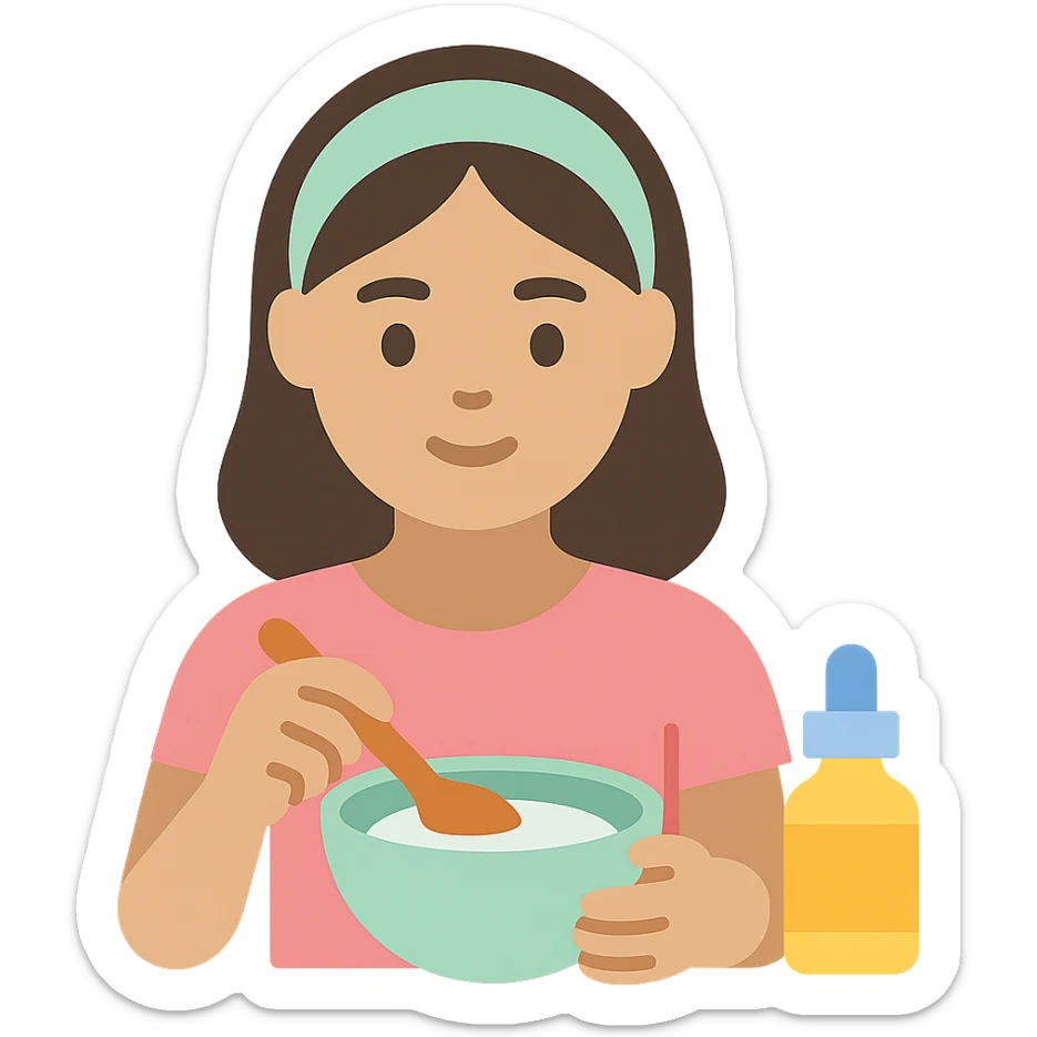 girl making skincare products, mixing ingredients in a bowl, color icon sticker