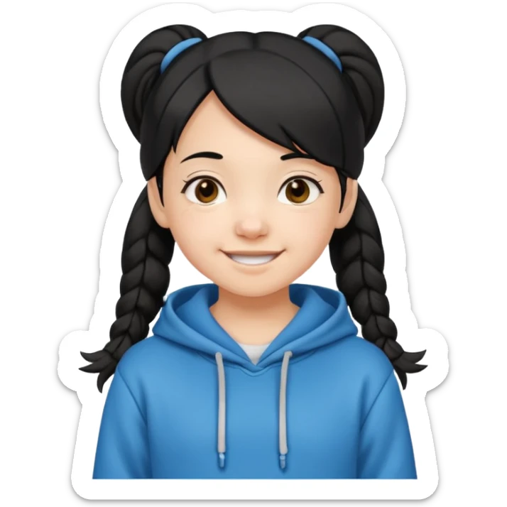 10 year old girl emoji, black hair in pigtails, wearing a hoodie, playful smile sticker