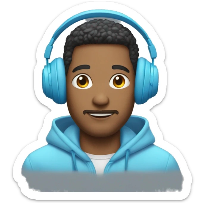 Man in Light blue Hoodie with light blue headphones in Front of Disk Jokey sticker