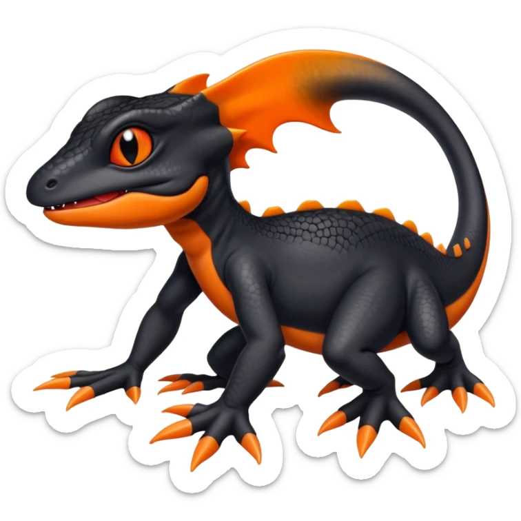 A black Salandit-Quilava-newt-hybrid-Fakémon-creature with orange belly sticker