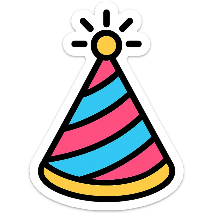 party hat, color outline icon style, playful colors, black outlines, modern icon look sticker