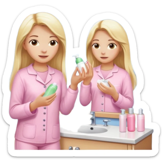 A girl in a light pink pajama is taking care of her skin, doing skincare routines in the bathroom in front of the mirror. Her hair is long, blonde, and straight. sticker