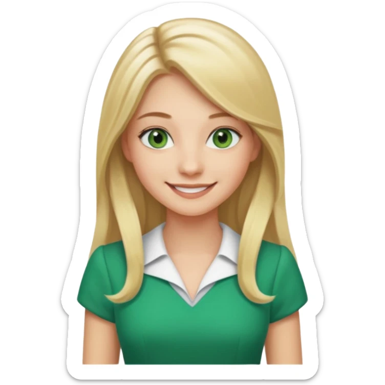 long blonde hair, real estate broker, 20 years old with a smile, green eyes, cute corporate dress sticker