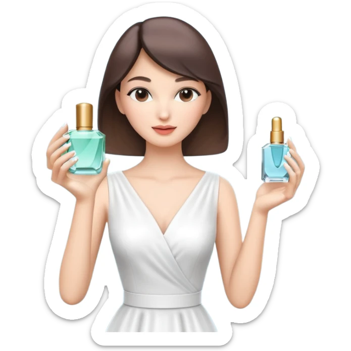 stylish woman spraying perfume, holding a perfume bottle, soft mist spray in the air, elegant pose, 3D cartoon, mobile game icon style, clean background, no text, no watermark

 sticker