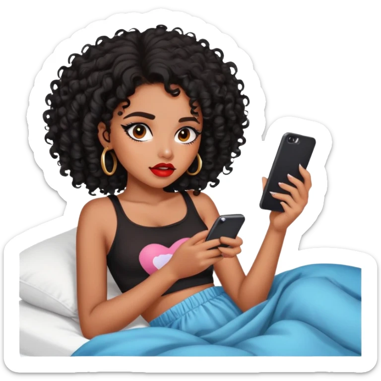Brown-skinned teenage girl with curly black hair lying on bed looking at phone, heavy makeup, big lips, crop top, choni style sticker