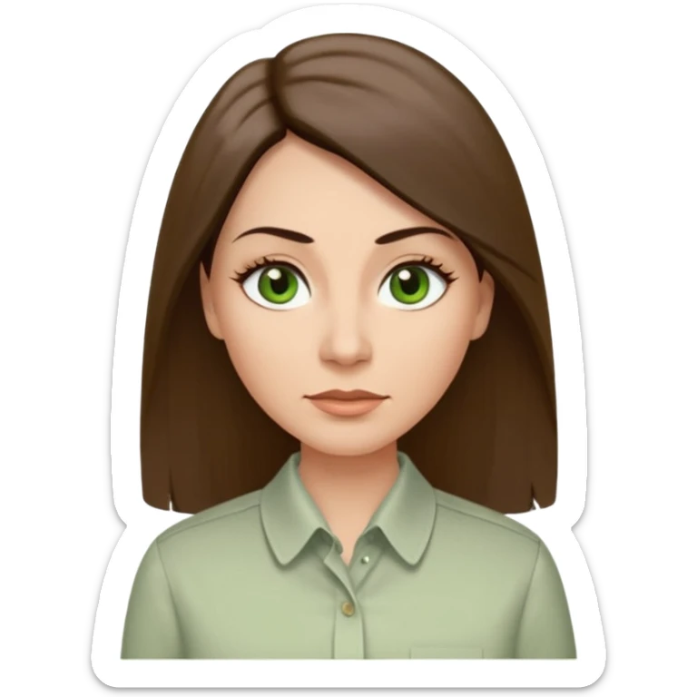 43 year old Adult woman avatar, light skin tone, long, oval face, long straight ashy brown hair, green almond-shaped eyes with dramatic eyelashes and minimal eyeliner, neutral mouth, medium straight eyebrows, average nose, smooth skin,  seersucker collared button down shirt sticker