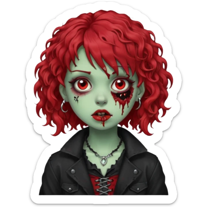 zombie girl red hair cacheado médio e franja, com piercing na boca(labret lateral), roupa gótica  sticker