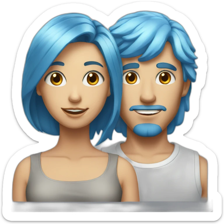 Tall male with blonde eyes and blue hair with short brunette girl with long hair sticker