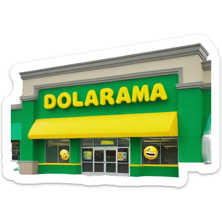 “Exterior of a Dollarama store with the bright green facade, bold yellow Dollarama sign, large front windows, and entrance doors, capturing the look of a budget-friendly retail store.” sticker