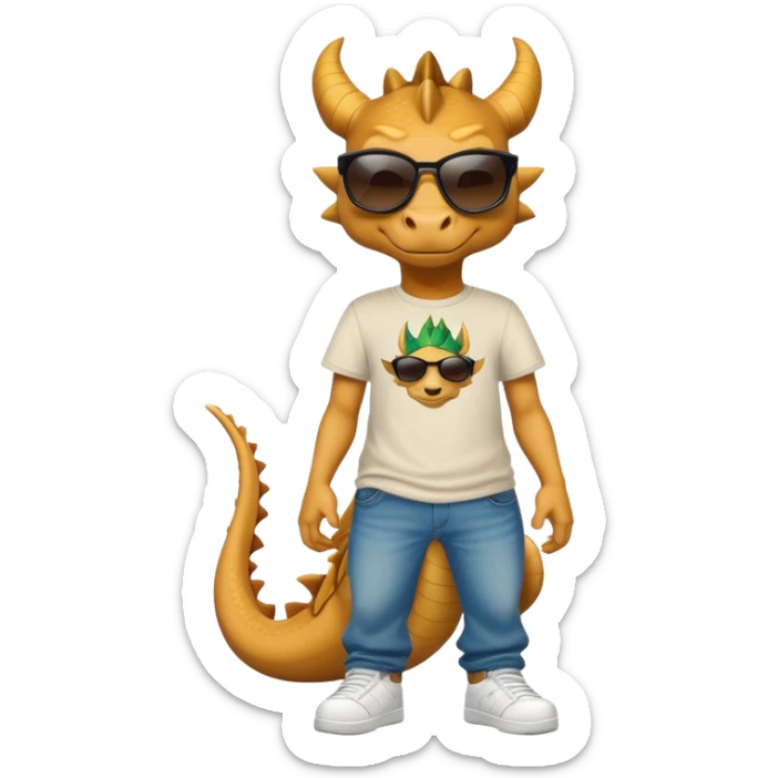 friendly anthropomorphised dragon in a hip-hop t-shirt and jeans wearing dark sunglasses sticker