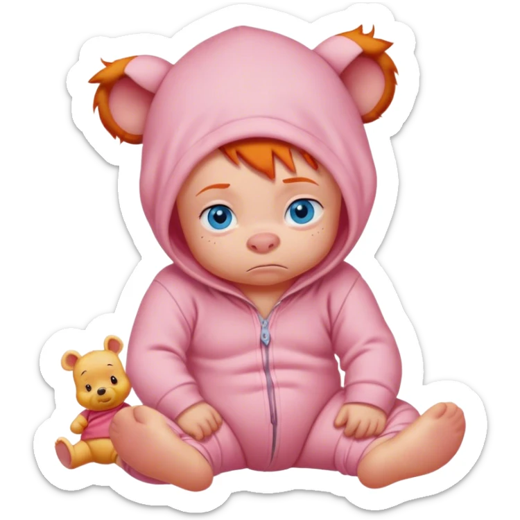 Grumpy ginger baby with blue eyes in onesie with Winnie the Pooh and Piglet on it sticker
