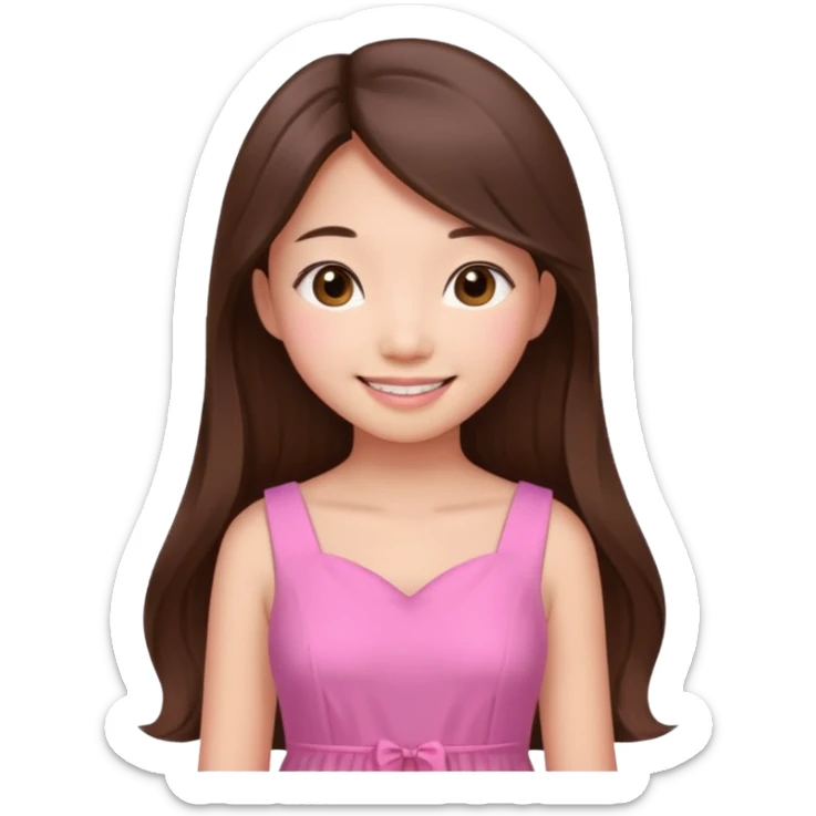 girl aesthetic emoji, asian beautiful long brown hair pink dress sticker
