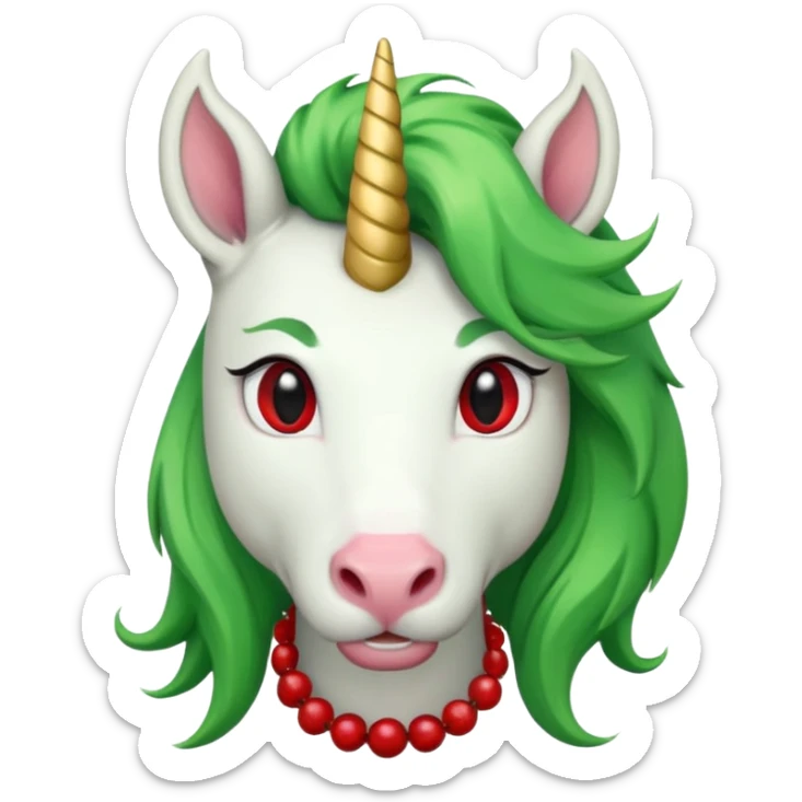 white furred unicorn with green hair and big red earrings looking into camera and big horn sticker