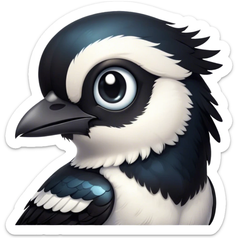 Cinematic Cute Magpie Portrait Emoji, Head tilted playfully and inquisitively, featuring a compact, elegant form with glossy, contrasting black and white feathers and round, sparkling eyes full of playful charm, Simplified yet irresistibly adorable features, highly detailed, glowing with a warm, inviting glow, high shine, affectionate and lively, stylized with a touch of whimsical urban flair, soft glowing outline, capturing the essence of a mischievous yet endearing magpie that seems as if it could flit out of the screen into your arms! sticker