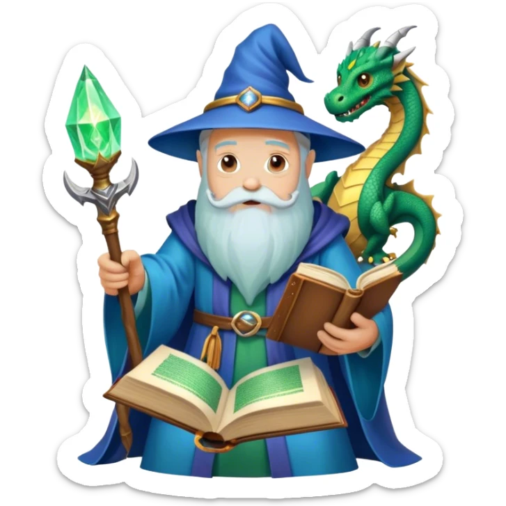 Icon for Fantasy and Sci-Fi Literature: a magical book with glowing pages, surrounded by a dragon, a spaceship, and a wizard with a staff. The icon should capture the adventurous and imaginative world of fantasy and science fiction. Transparent background. sticker